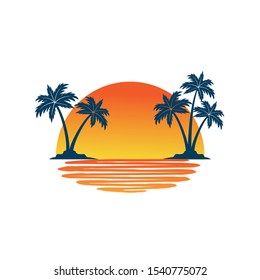 orange yellow sunset between two coconut tree island with shadow on the sea vector logo design template