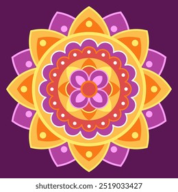 Orange and yellow symmetrical mandala on a purple background. Ethnic mandala. Oriental pattern, vector illustration. Anti-stress, relaxation, meditation. Indian or Arabic mandala. Diwali festival.