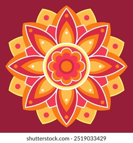 Orange and yellow symmetrical mandala on a red background. Ethnic mandala. Oriental pattern, vector illustration. Anti-stress, relaxation, meditation. Indian or Arabic mandala. Diwali festival.