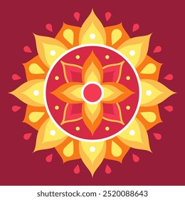 Orange and yellow symmetrical mandala on a red background. Ethnic mandala. Oriental pattern, vector illustration. Anti-stress, relaxation, meditation. Indian or Arabic mandala. Diwali festival.