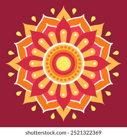 Orange and yellow symmetrical mandala on a red background. Ethnic mandala. Oriental pattern, vector illustration. Anti-stress, relaxation, meditation. Indian or Arabic mandala. Diwali festival.