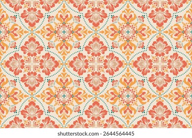 Orange Yellow and Teal Floral Damask Seamless Pattern. Vintage Style Flower Pattern. Retro Bohemian Tile Design. Warm Tones Damask Background. Delicate Summer Floral Pattern. Autumn Bloom Design.