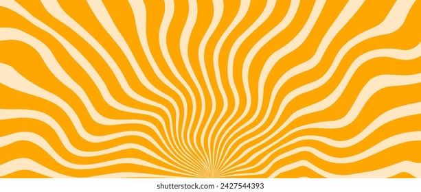 Orange yellow trippy burst line background. Psychedelic wave stripe wallpaper. Groovy twisted sunburst swirl. Distorted curly wave texture design for poster, banner, flyer, cover. Vector backdrop