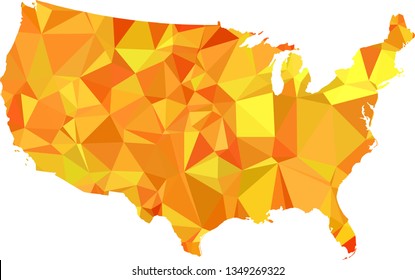 Orange Yellow USA Map in Low Poly Style on isolated white background. United States of America area in Polygonal diamond style for your design.