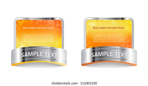 Orange / yellow vector banners / stickers / badges collection with bright colorful floral background and metallic decoration