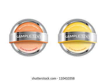 Orange and yellow vector glossy glass round badges / banners with metallic decorations