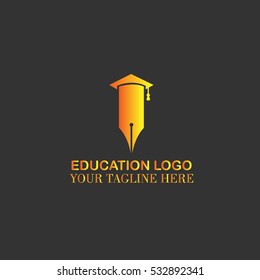 Orange Yellow Vector Quill and Graduation Hat Gown Icon Logo For Education Course, Company, Institute or Organization, etc