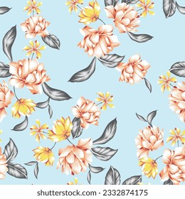 orange and yellow vector stock flowers with grey leaf pattern on blue background