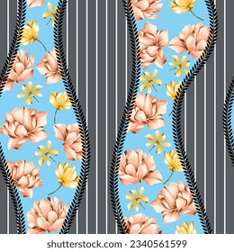 orange and yellow vector stock flowers with leaves bandanna pattern on blue and grey background