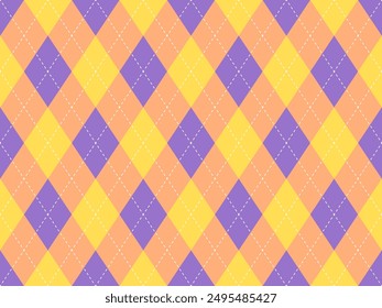 Orange yellow violet argyle pattern. Seamless argyle vector pattern. Retro style classic clothing print. Fashion print texture.