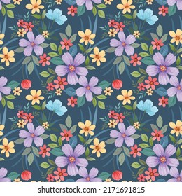 Orange yellow and violet color flower with green leaf seamless pattern. This pattern can be used for fabric textile wallpaper.