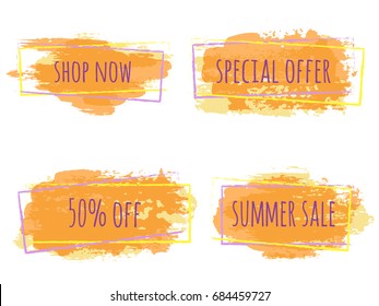 Orange, yellow and violet marketing banners vector collection. Advertising labels with hand painted watercolor splashes and text. Summer sale, 50% off, special offer tags, shop now advert sign design.