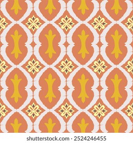 Orange, yellow, and white embroidery, motif ethnic ikat seamless textile illustration, print striped ornament, pattern, design for wrapping, silk, scarf, clothing, textile, carpets, curtains.