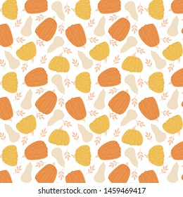 Orange, yellow and white pumpkin vector pattern. Hand drawn seasonal pattern.