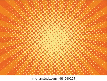 Orange, yelow rays and dots pop art background. retro vector illustration drawing for design.