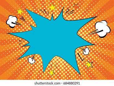Orange, yelow rays and dots pop art background. clouds and speech star bubble for text. retro vector illustration for design