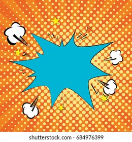 Orange, yelow rays and dots pop art background. clouds and speech star bubble for text. retro vector illustration for design