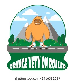 Orange Yeti on roller. Yeti in nature. Yeti vector illustration. Monscter characters. Vector illustration EPS 8