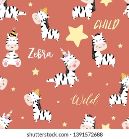 orange zebra seamless pattern with horn,unicorn and star