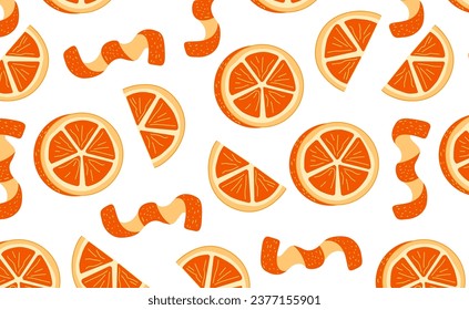 Orange zest, orange slices seamless pattern on white background. Tangerine citrus wallpaper for printing or packaging.	