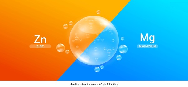 Orange zinc droplet and blue magnesium solution. Supplements you should take in pairs for good health. Minerals nourish the body. Medical scientific concepts. Banner vector.