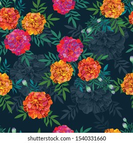 Orange zinnia flower seamless pattern vector illustration