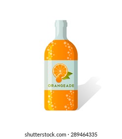 Orangeade bottle with fresh juicy orange depicted on label