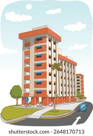 An orange-and-white Singapore public housing flat, surrounded by trees and road signs, captures the heartland charm under a bright, sunny sky-a classic slice of Singapore life.