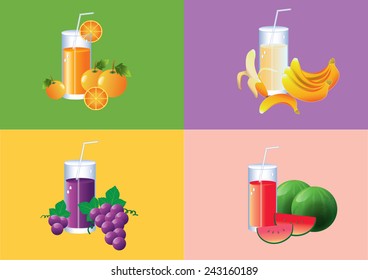 orange,banana,grapes and watermelon juice glass on colorful background.