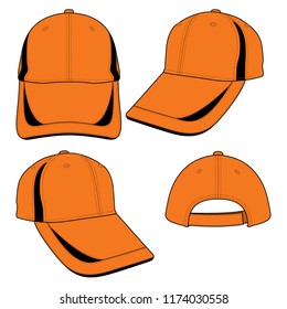 Orange-Black Baseball Cap with Hook-Loop Strap Back Closure Design on White Background, Vector File.