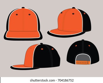 Orange-black hip hop cap with white Piping and adjustable snap back closure strap design on gray background, vector file.