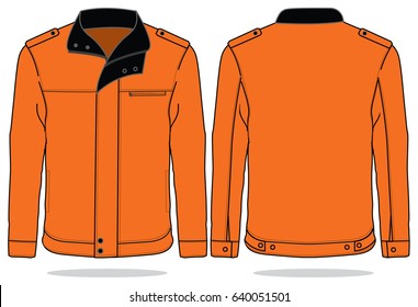 Orange-black jacket with hidden zip design on white background.Front and back view.