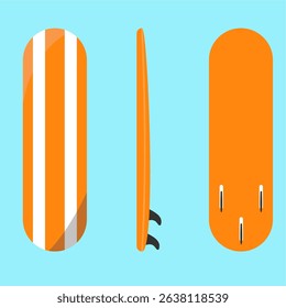 Orange-blue surfboard with vibrant palette,
multi-angle view: front, side, back,
flat art design style.