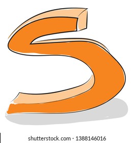 An orange-colored figurine represents the alphabet S and its shadow cast on the surface as it stands upright  vector  color drawing or illustration