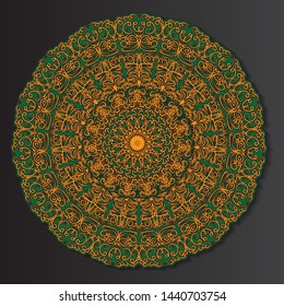 Orange-green round ethnic mandala, vector illustration on black background. Can be used for coloring book, greeting card, phone case print, etc. Islam, Arabic, Pakistan, Moroccan, Turkish motifs. eps