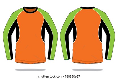 Orange-Green-Black Long Sleeve T-Shirt Design on White Background.Front and Back View, Vector File