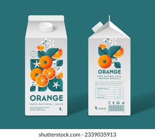 OrangeJuice packaging. Oranges with leaves and flowers. Grain and Noise Texture. Templates of Juice box.