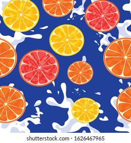 Orange,lemons, grapefruit on a blue background seamless pattern.Print.