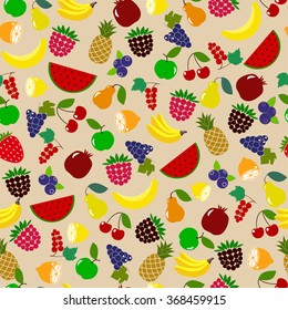 Orange,lemon,watermelon, pineapple,banana,strawberry,blueberry,blackberry,cherry on light brown background.For fabric pattern, paper, package, food industry