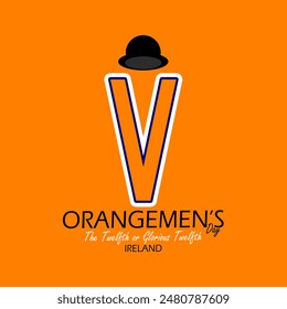 Orangemen's Day event banner. A black hat with an orange sash ribbon on orange background to celebrate on July 12th in Ireland