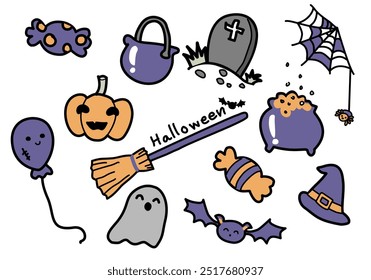 Orange-purple vector on white background conveys Halloween. It is a cute cartoon style with handwritten lettering that says Halloween, a festival held every year on October 31st.