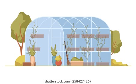 Orangery for growing plants and flowers. Vector flat hothouse with warm temperature for vegetation. Cultivation of flora, gardening and farming hobby. Greenhouse with potted flora houseplants