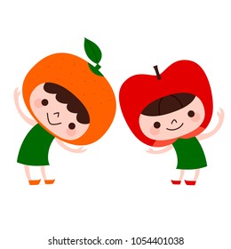 oranges, apple hats.Illustration of good friends children.