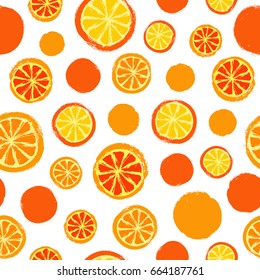 Oranges Background. Fruit Painted Pattern. Seamless chaotic decoration for kitchen wallpaper, poster print, furniture textile, fashion fabric. Bright sliced food. Citrus vector illustration.