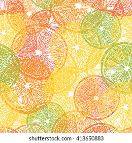 Oranges background. Linear graphic. Engraved citrus seamless pattern. Vector illustration