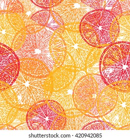Oranges background. Linear graphic. Engraved citrus seamless pattern. Vector illustration