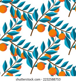 naranjas con hojas azules sin costura patrón vectorial, rama cítrica, ilustración plana de frutos. fondo blanco