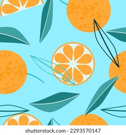 Orangen in blauen Blättern. nahtloses Muster für Vektorgrafik