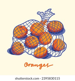 Oranges in blue net bag. Textured grungy styled vector illustration design isolated on square plain yellow background. Simple flat cartoon art styled drawing.