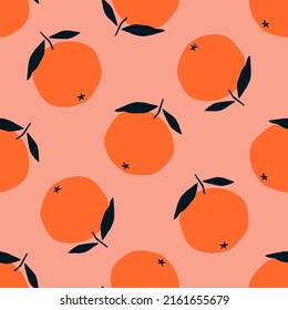 Oranges with branch and leaf hand drawn vector illustration. Tropical juicy fruit seamless pattern for wallpaper.